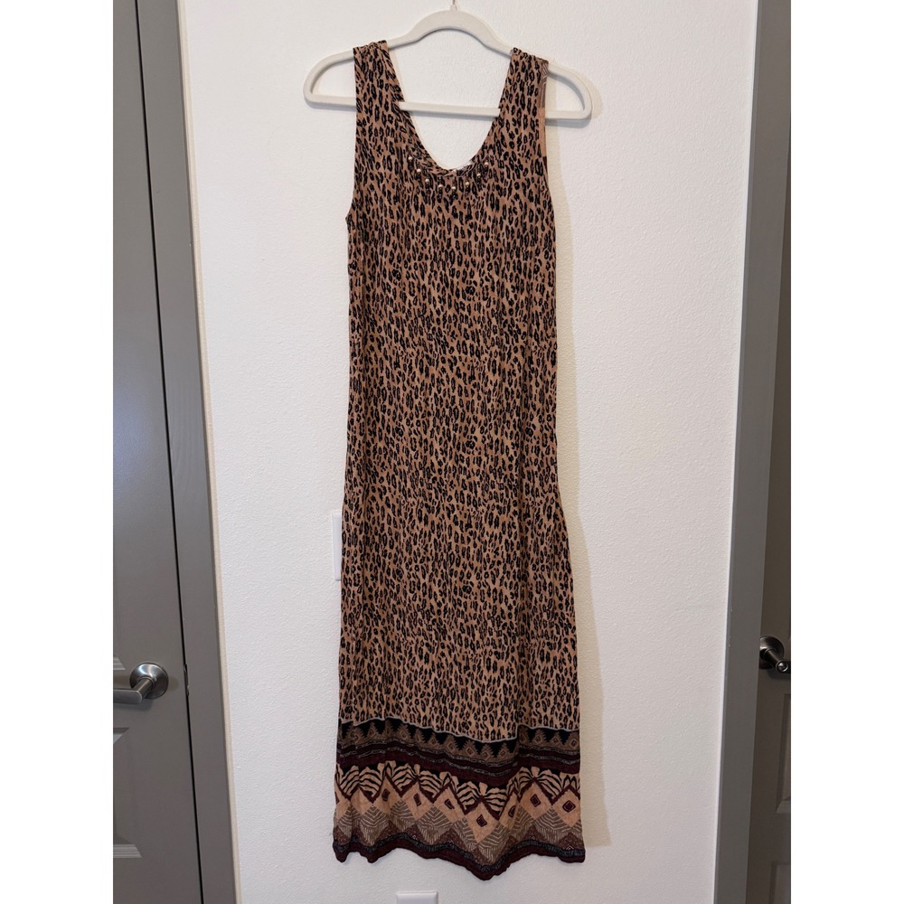 Nina Piccalino Vintage Leopard Print Beaded‎ Maxi Dress Tan Brown Size 12 m3 - Picture 2 of 8